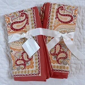 NWT Pottery Barn Lia Paisley Red Set of 8 Napkins Cotton Linen Red Orange 20”